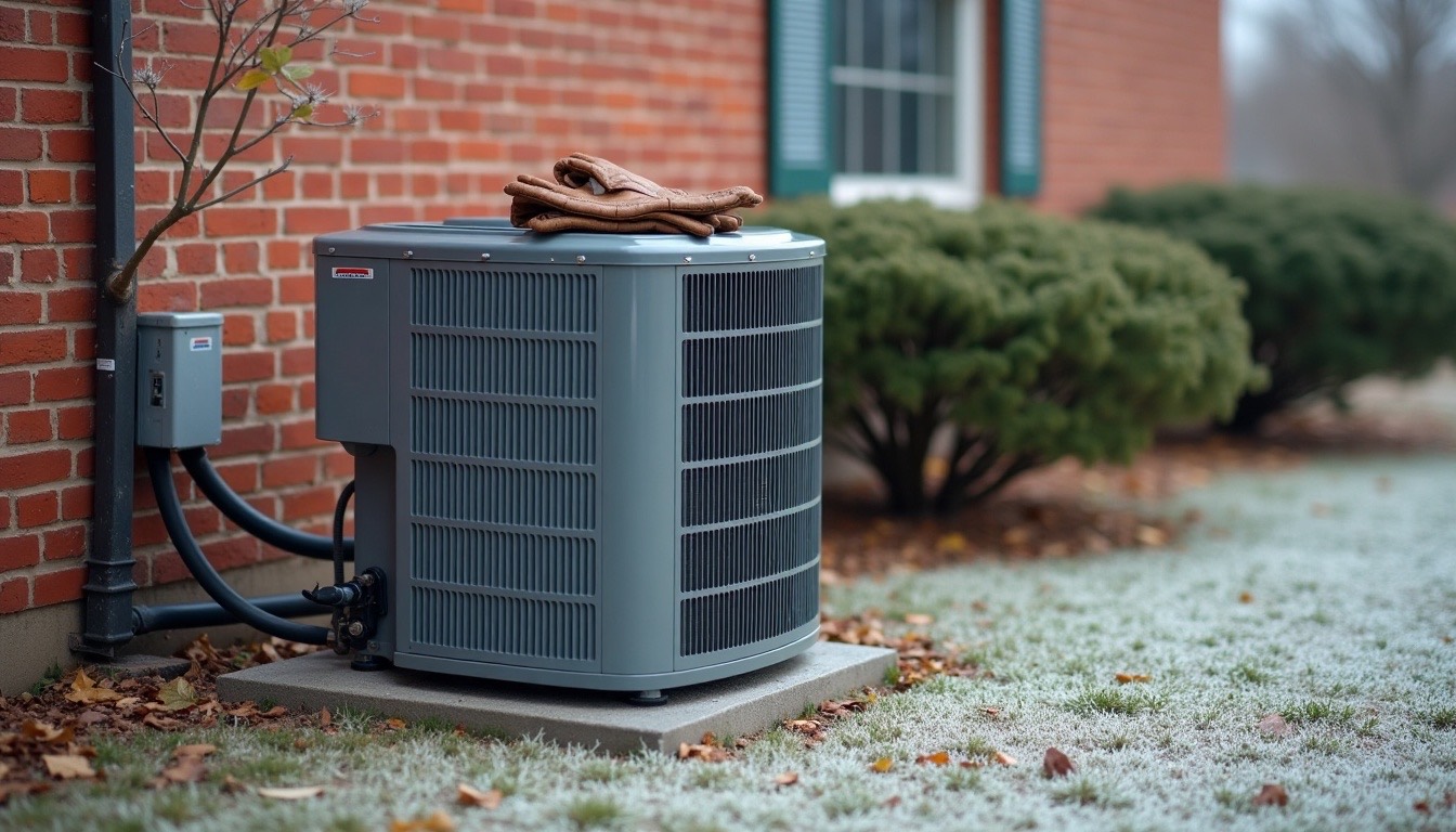 Heat pump outdoor unit on a concrete pad beside a brick home on a frosty morning, work gloves resting on top of the unit