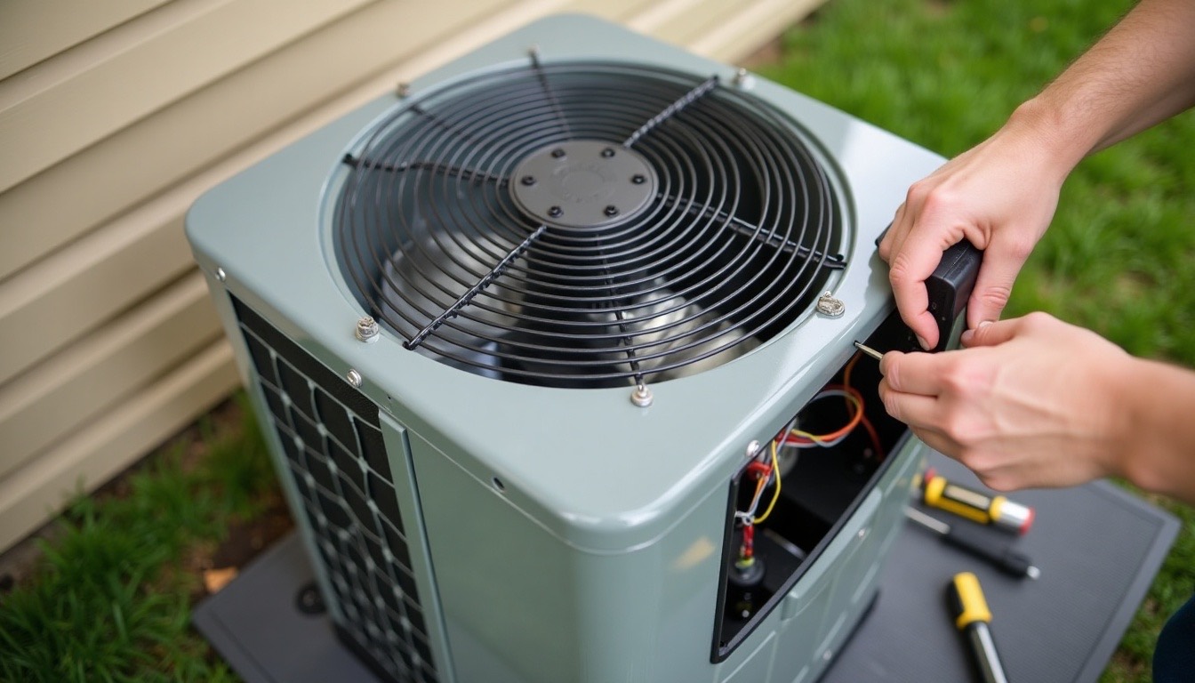 Technician replacing a capacitor inside the open service panel of an outdoor air conditioner next to a vinyl-sided house, tools laid on a mat