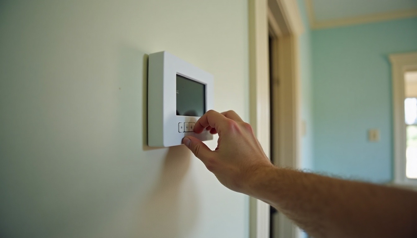 Hand adjusting a plain wall thermostat in a home hallway lit by daylight from a window